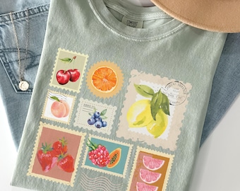 Summer Fruit Stamp Shirt, Cherry and Strawberry Stamp Comfort Colors Tshirt, Summer Vibes Fruit Shirt, Trendy Farmers Market, Cute Fruits