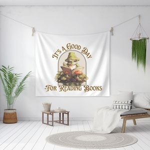 Letrero para maestro para aula Póster de lectura Decoración de libros Tapiz con temática de rana Cottagecore para el aula Beneficios de la lectura Póster de pared Cottagecore