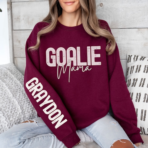 Goalie Mom Hoodie Git for Hockey Moms Personalized Sleeve Print Sweatshirt for Soccer Moms of Goalies Goaltender Mama Shirt