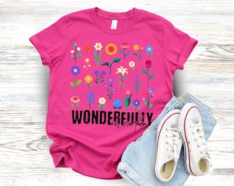 Christian Girls Tshirt Fearfully and Wonderfully Made Daughter of Christ Bible Verse Shirt Kids Floral Christian Gift for Granddaughter