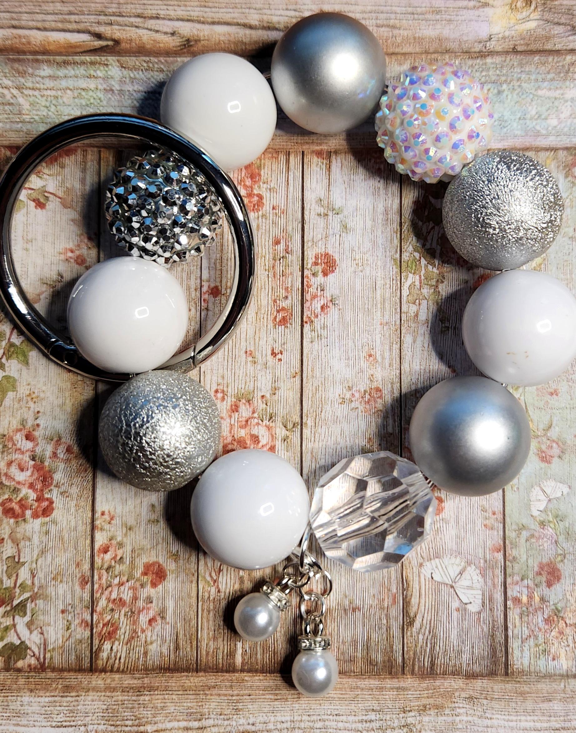 Beaded Wristlet Keychain: Silver & White Bauble Bag Charm