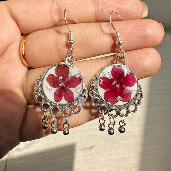 Silver resin dangles with real pressed flower, red flower earrings, handmade jhumka resin earrings