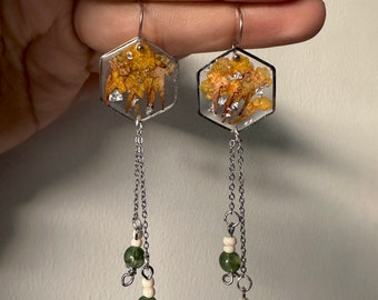 Delicate wild yellow flower earrings with stainless steel chain dangles and green&white beads