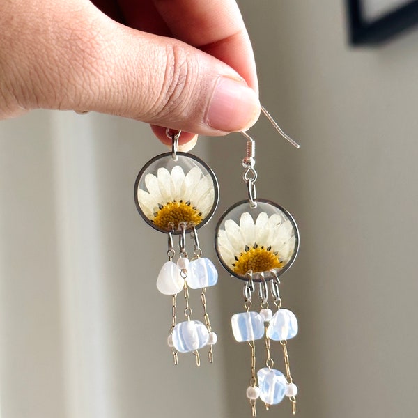 real white daisy earrings with genuine opal and white pearls unique handmade floral earring