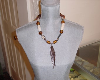 Vintage Southwestern Necklace of Bone and Glass Beads with Feather Pendant