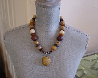 Tropical Chunky Necklace of Wood and Porcelain Beads with Sea Biscuit Stone Pendant