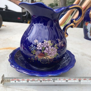 Cobalt blue mini pitcher and plate hand painted