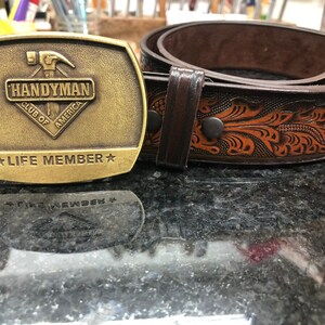 Leather belt and brass buckle
