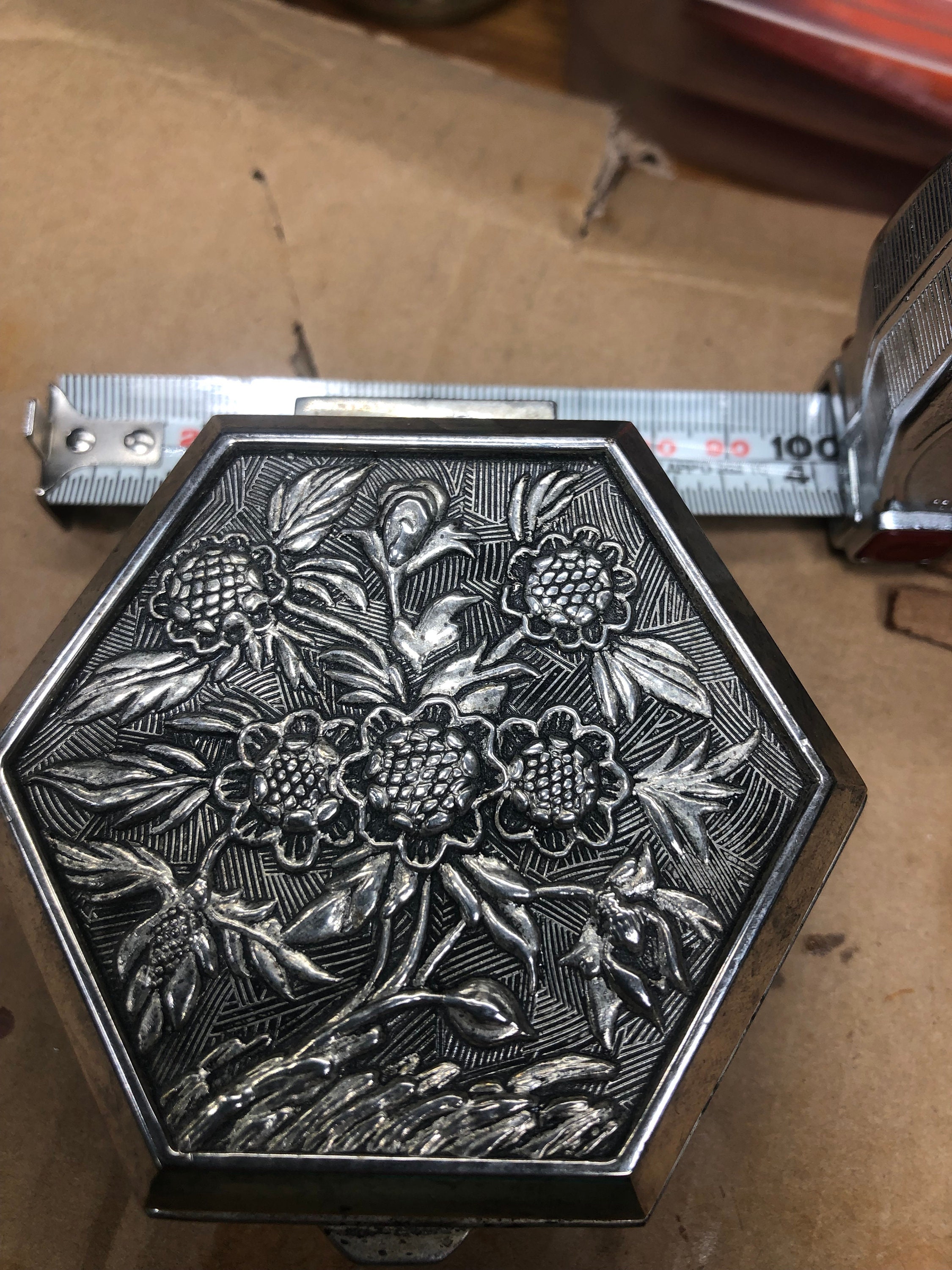 Vintage Hexagonal Silver Flower Embossed Miniature Jewelry