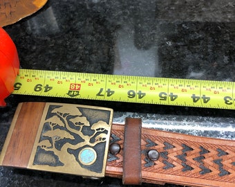 Leather belt hand made with brass buckle heavy leather hand tooled