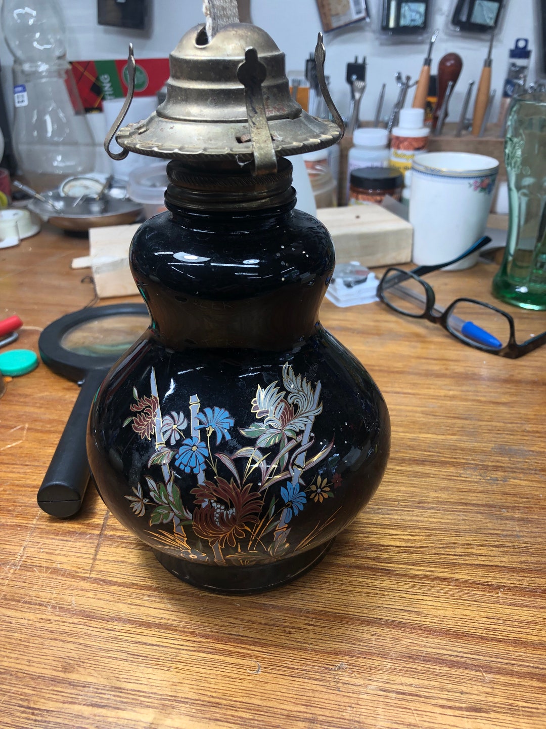 Vintage Kaadan 9 Oil Lamp Dark Blue Flower Lamp Etsy