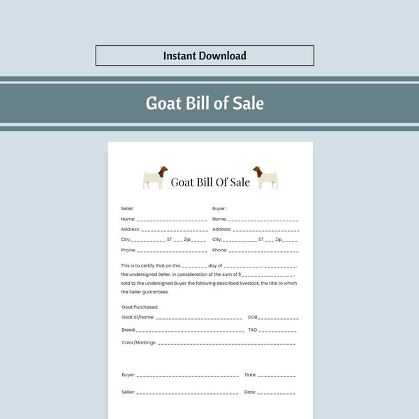 Goat Bill of Sale | Goats | Homestead | US Letter | Instant Download | Digital Download | Print at Home | Invoice | Record Keeping