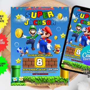 Convite de aniversário do Super Mário, convite do Mario Bros, convite do Super Boy, videogame, convite infantil, modelo editável, Canva editável