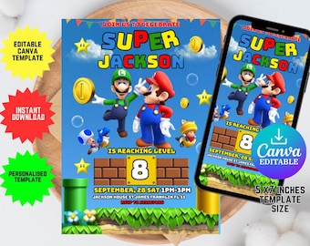 Super Mario Birthday Invitation, Video Game Theme, Editable Canva Template