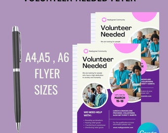 May include: A purple and pink flyer with the text "Volunteer Needed" and a photo of people volunteering. The flyer is from Reallygreat Community and includes the dates March 15-18.