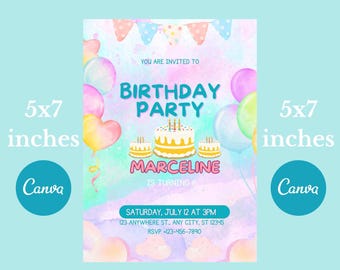 Rainbow Birthday Invitation Template, Pastel Party E-Invite (Canva, Digital Download)