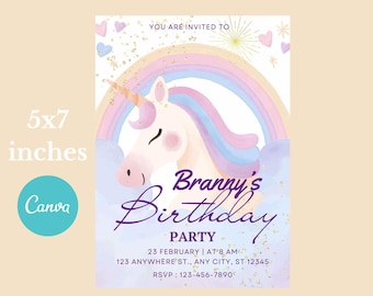 Pastel Rainbow Unicorn Birthday Invitation Template, Editable Canva Design (Digital Download)