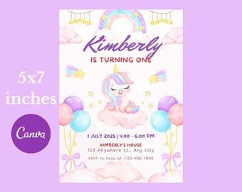 Rainbow Unicorn Birthday Invitation Template, Editable in Canva (Digital Download)
