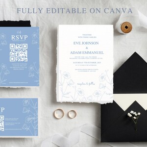 Bundle de faire-part de mariage minimaliste bleu poussiéreux floral, modèles modifiables, suite d'invitations de mariage RSVP avec code QR, téléchargement immédiat