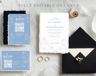 Floral Wedding Invitation Bundle, Dusty Blue, RSVP with QR Code (Digital Download)