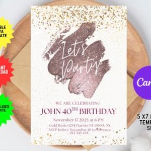 Minimalist 40th Evite Birthday for Adult Men Invite, Modern Editable 40th Birthday Invite, Self Editable Template eCard, Let&#39;s Party