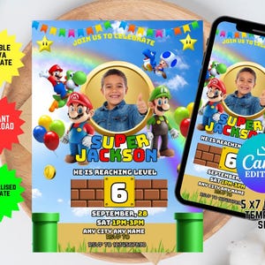 Bearbeitbare Mario Bros-Einladung, Super Mario-Geburtstagseinladung, druckbare Geburtstagsfeier-Einladungen, digitale Geburtstagsparty-Canva-Vorlage