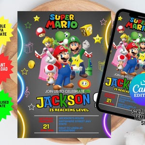 Faire-part d'anniversaire Mario Luigi Party en téléchargement numérique, personnalisable et modifiable, modèle mobile modifiable d'invitation d'anniversaire Super Mario pour mobile,