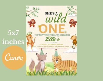 Editable Safari Birthday Invitation, Jungle Animals, 5x7 (Digital Download)
