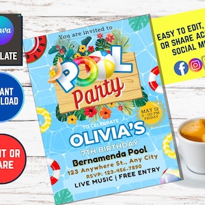 Pool Party Editable Invitation, Summer Birthday Party Evite, Text Invitation, Pool Party Invitation, Electronic Invite, Digital Invitation