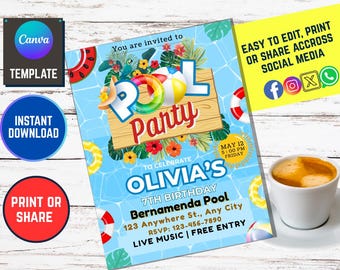 Editable Pool Party Invitation, Summer Birthday Evite (Digital)
