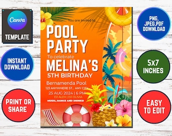 Invitación de cumpleaños editable para fiesta en la piscina, plantilla de Canva (invitación digital)