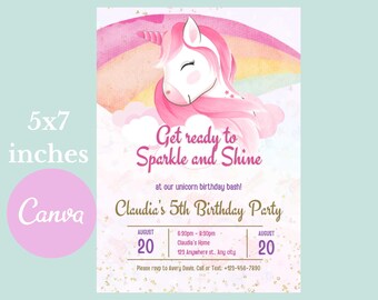 Editable Unicorn Birthday Invitation Template, Rainbow Party (Digital Download)