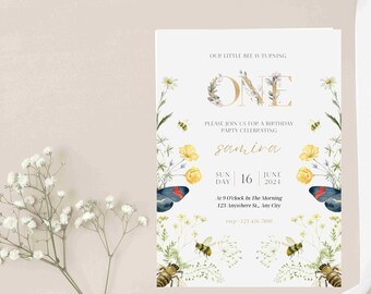Wildflower First Birthday Invitation, Editable Floral Template (Digital Download)