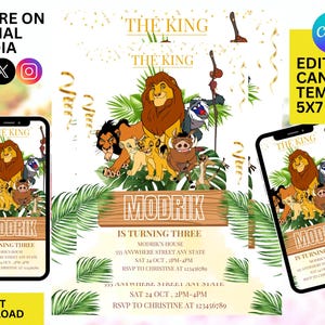 Lion King invitation, Lion King Digital Birthday Invitation Ideas, Safari Invitation Kids Birthday, Printable Birthday party Invitations,