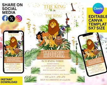 Lion King Birthday Invitation, Safari Theme Party (Digital Download)