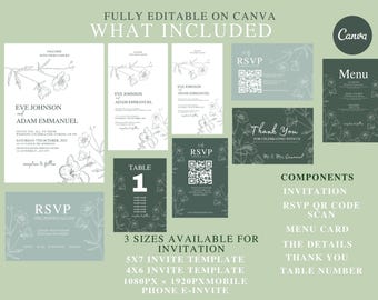 Sage Green Wedding Invitation Suite | Minimalist Canva Template (Digital)