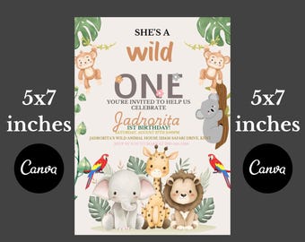 Safari Birthday Invitation, Wild One Jungle Animals (Printable Template)