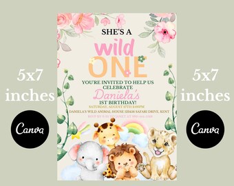 Safari 1st Birthday Invitation, Jungle Animals, Girl Wild One (Editable in Canva)