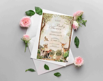 Brown Green Watercolor Baby Shower Invitation , Digital Download Editable on Canva