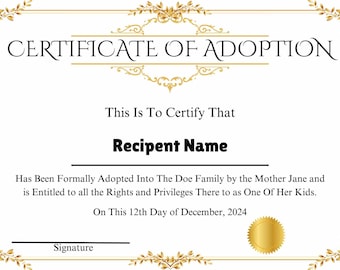 Editable Adoption Certificate Template (Digital Download)