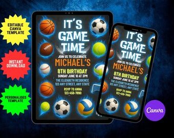 May include: Digital invitation template for a sports-themed birthday party. The design features a tablet and smartphone displaying the invitation with various sports balls, the text "It's Game Time," and party details.