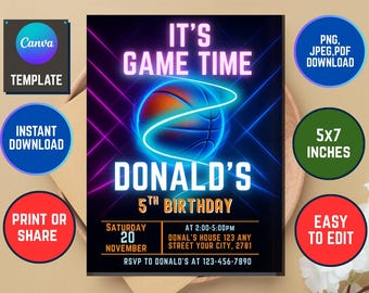 Peut inclure: Une invitation d'anniversaire sur le thème du basket-ball avec un design néon. L'invitation affiche "It's Game Time" au-dessus d'un graphique de ballon de basket. Le texte "Donald's 5th Birthday" est également affiché. Détails de la date, heure et RSVP.