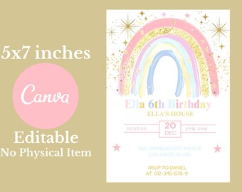 Watercolor Rainbow Birthday Invitation with Glitter Stars (Digital Download)