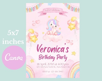 Watercolor Unicorn Birthday Invitation, Pastel Rainbow E-invite (5x7 inches)