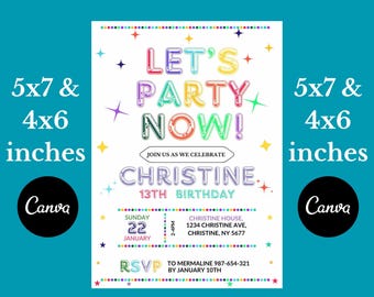 Colorful Birthday Party Invitation, Editable Template (Digital Download)