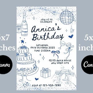 Eenvoudige uitnodiging voor verjaardagsfeestje, bewerkbare canva-sjabloon, instant download e-invite, afdrukbaar ontwerp minimalistisch feest, helder en vrolijk