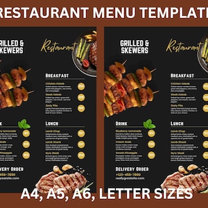 Restaurant-Menü-Vorlage, Canva-Vorlage, bearbeitbares Menü, Preisliste, Menü im A4-Format, Café-Menü, Restaurant-Design für Frühstück und Abendessen