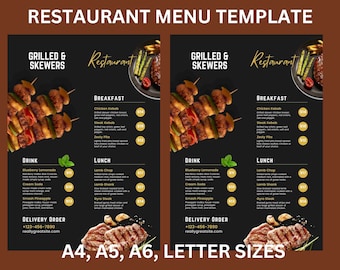 Editable Restaurant Menu Template, Canva Design (A4 Size)