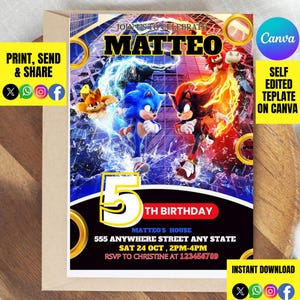 Sonic 3 Editable Birthday Invitation, Super Hedgehog Boys Party Invite, Super Sonic Party Invitation,For Boy and Girl invitation, Invite