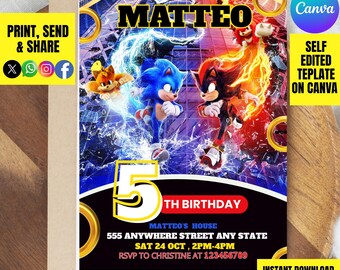 Sonic Birthday Invitation, Super Hedgehog Party, Editable Template (Digital Download)